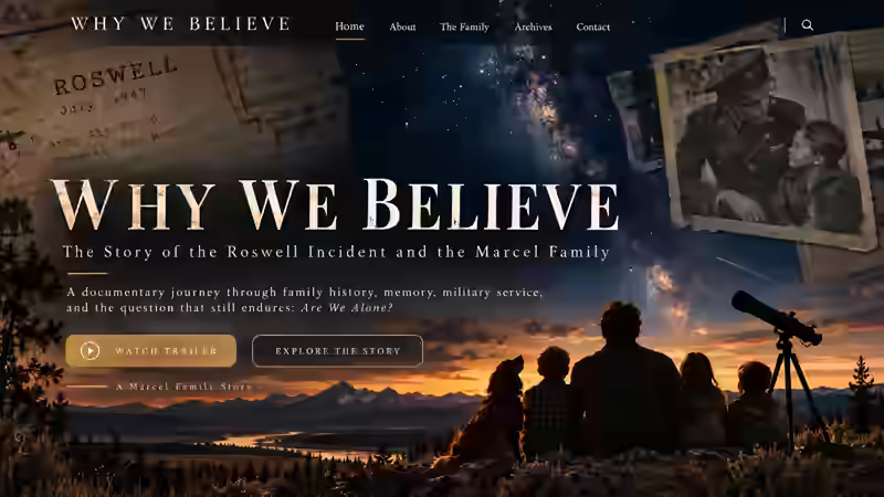 A family and dog stargazing beneath the Milky Way, with Marcel family photographs and Roswell records layered into the sky